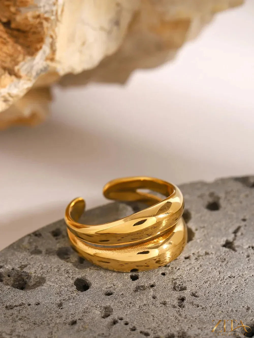 Stainless steel double-layered ring from Zita La Belle Elite featuring sleek, modern design with two concentric bands.