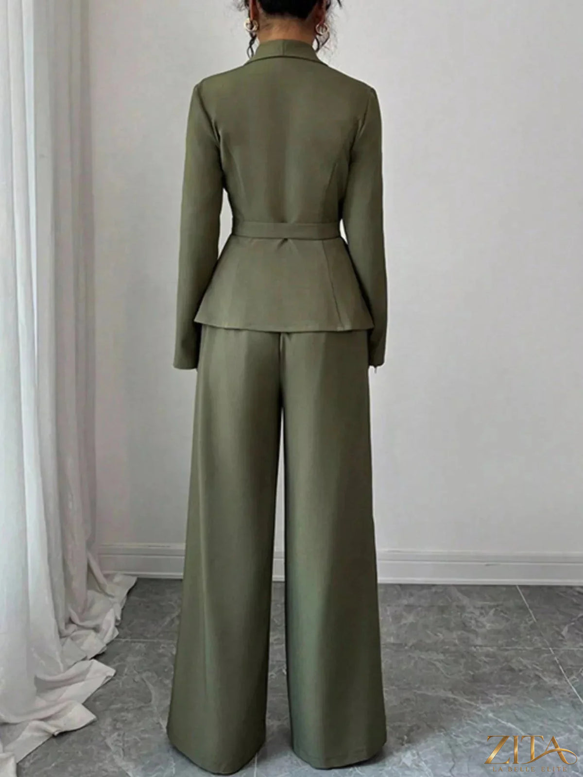 Zita La Belle Elite one-button blazer and matching pants set, stylish formal wear for women, shown on a model.