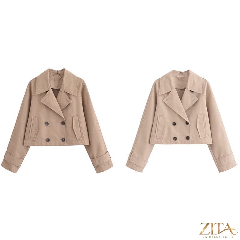 Elegant French style long sleeve trench coat by Zita La Belle Elite, featuring classic European and American women’s fashion design.