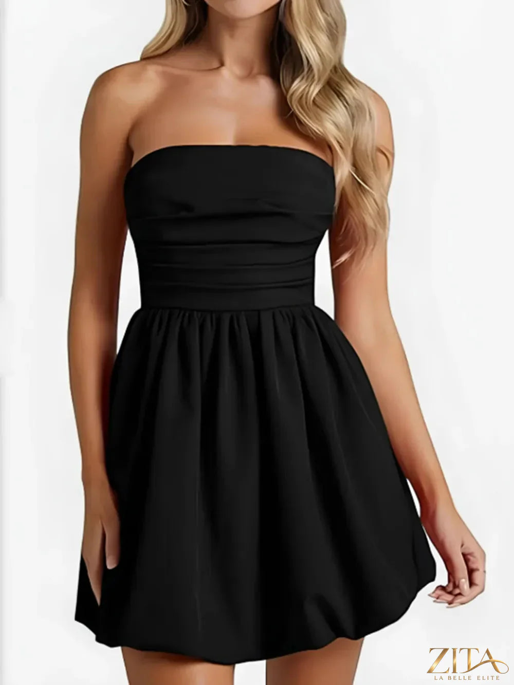 Zita La Belle Elite ruched tube mini dress in vibrant color, close-up showing fitted, ruched fabric and strapless design.