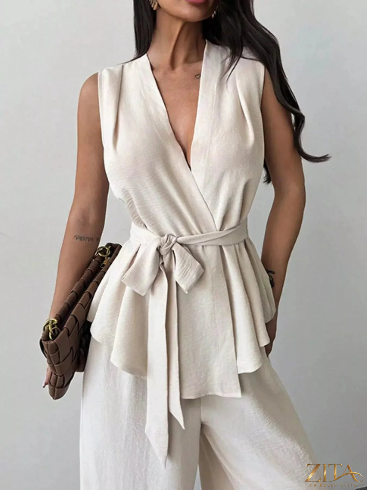 Zita La Belle Elite sleeveless top and wide-leg pants set in soft fabric, featuring a sleek, modern design with a relaxed fit.