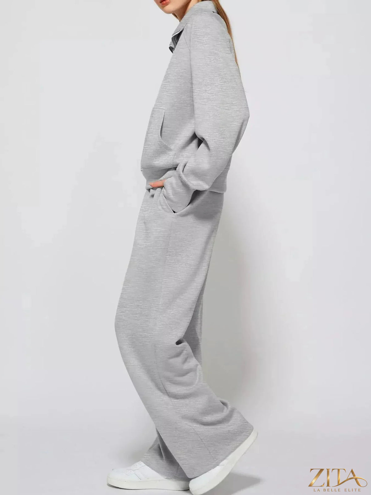Zita La Belle Elite half-zip sweatshirt and wide-leg pants set, featuring a cozy sweatshirt with a half-zip and flowing wide-leg trousers.