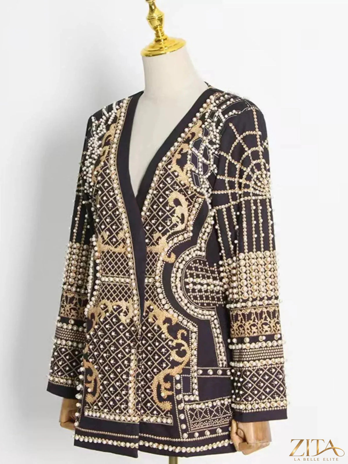 Plus size Zita La Belle Elite blazer with full-size embellished pearl detailing and single-button closure, stylish and elegant.