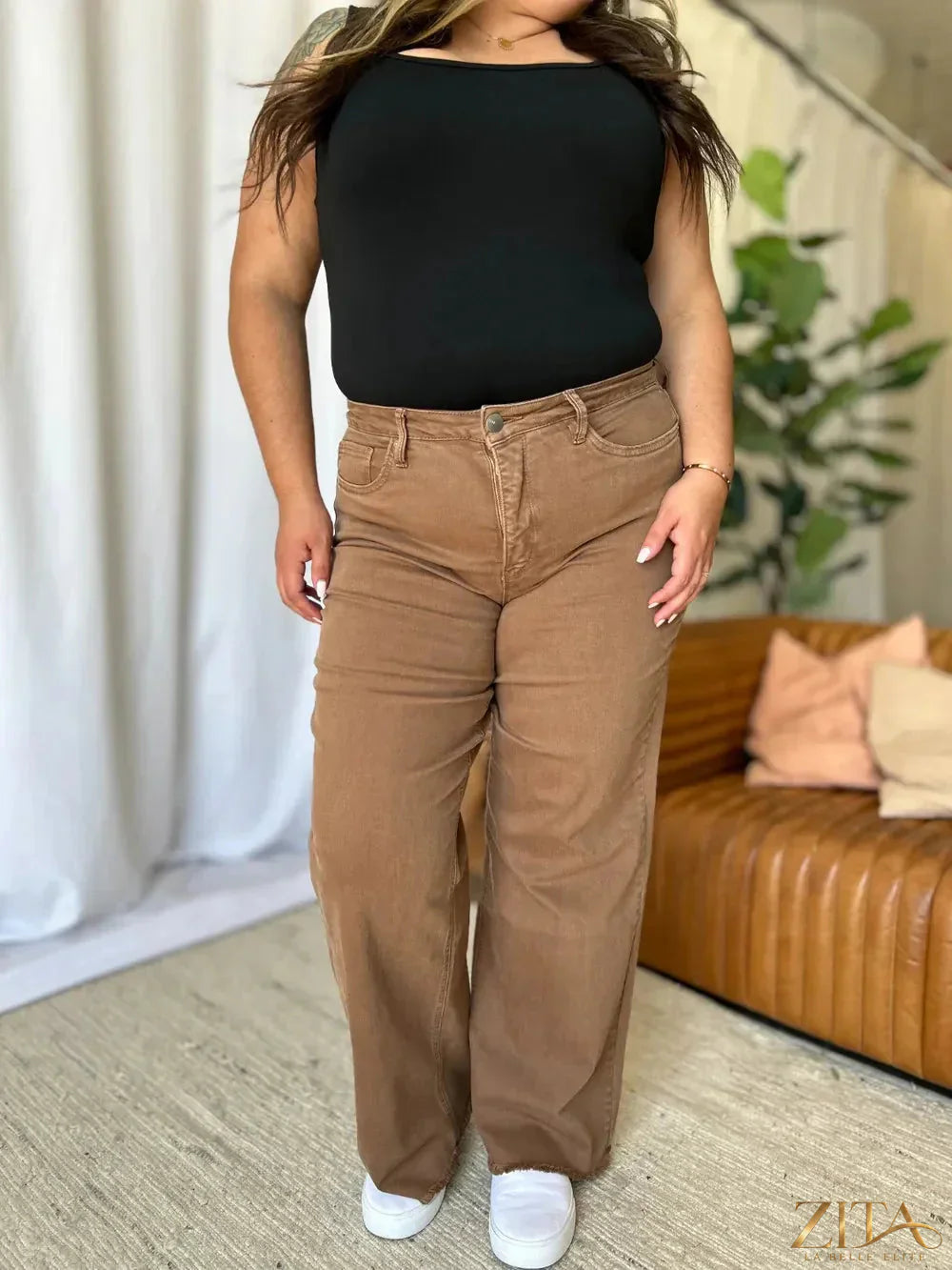 Zita La Belle Elite RFM full size high rise garment dye wide leg jeans displayed on a model, showcasing the relaxed fit and deep dye color.