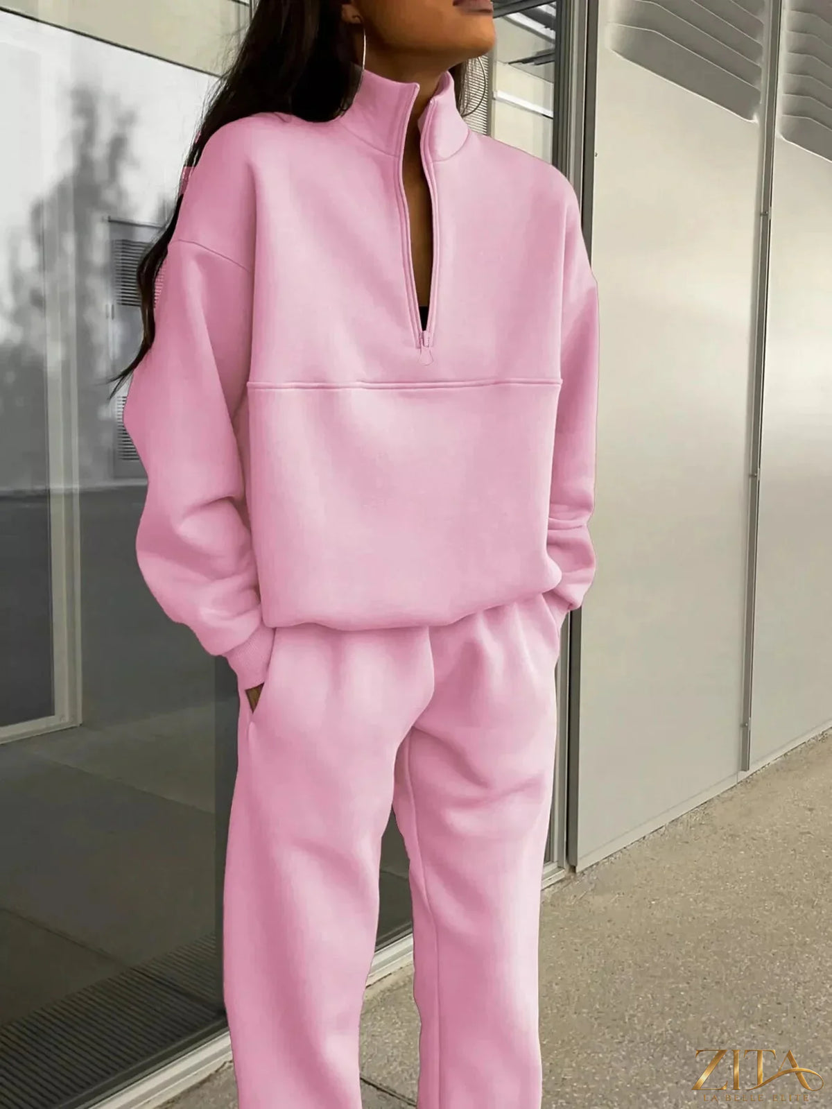 Zita La Belle Elite half zip sweatshirt and matching pants set, dark color, casual athletic loungewear for women.