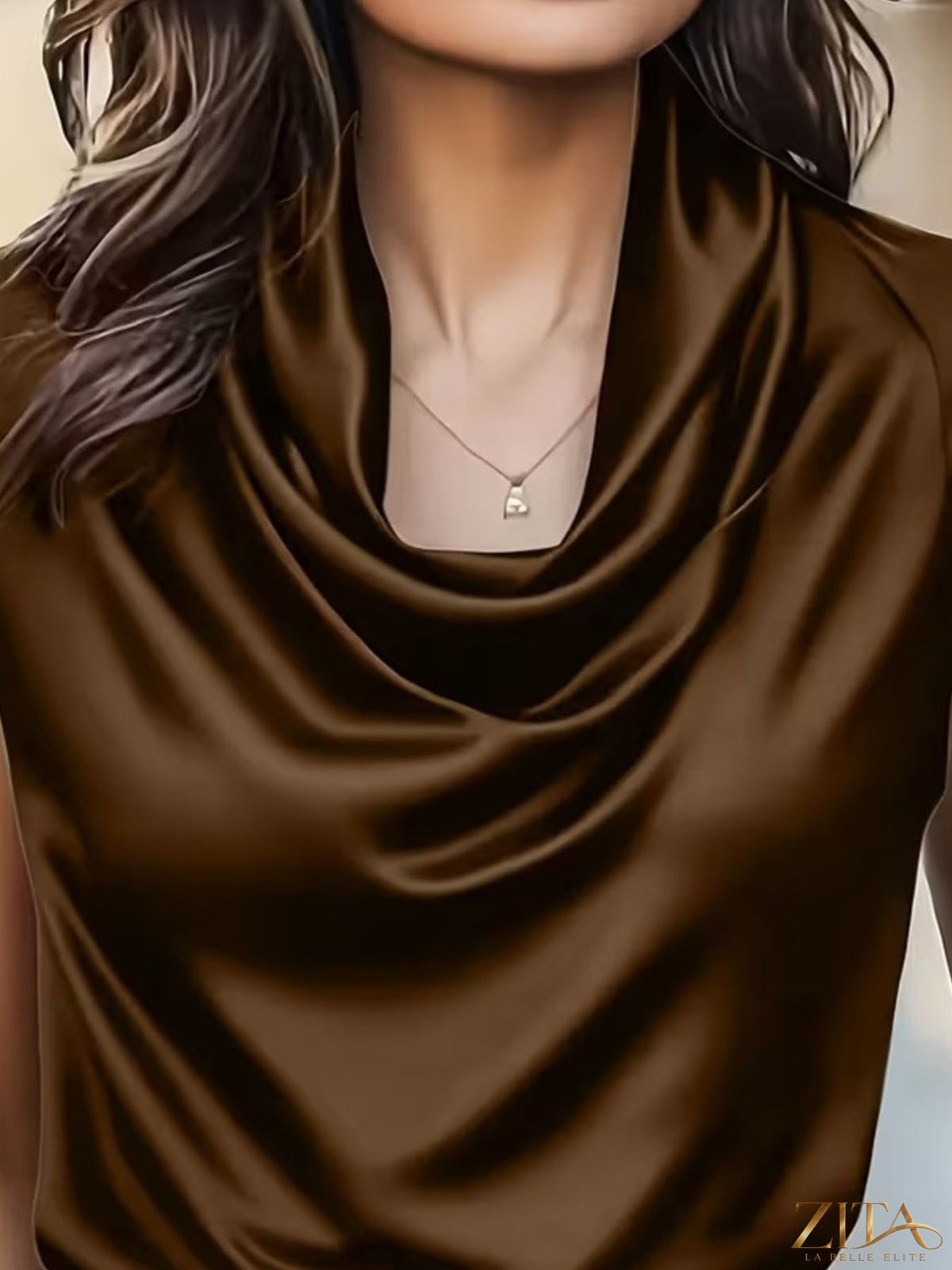 Zita La Belle Elite satin blouse with a stylish cowl neck, featuring smooth fabric and elegant drape.