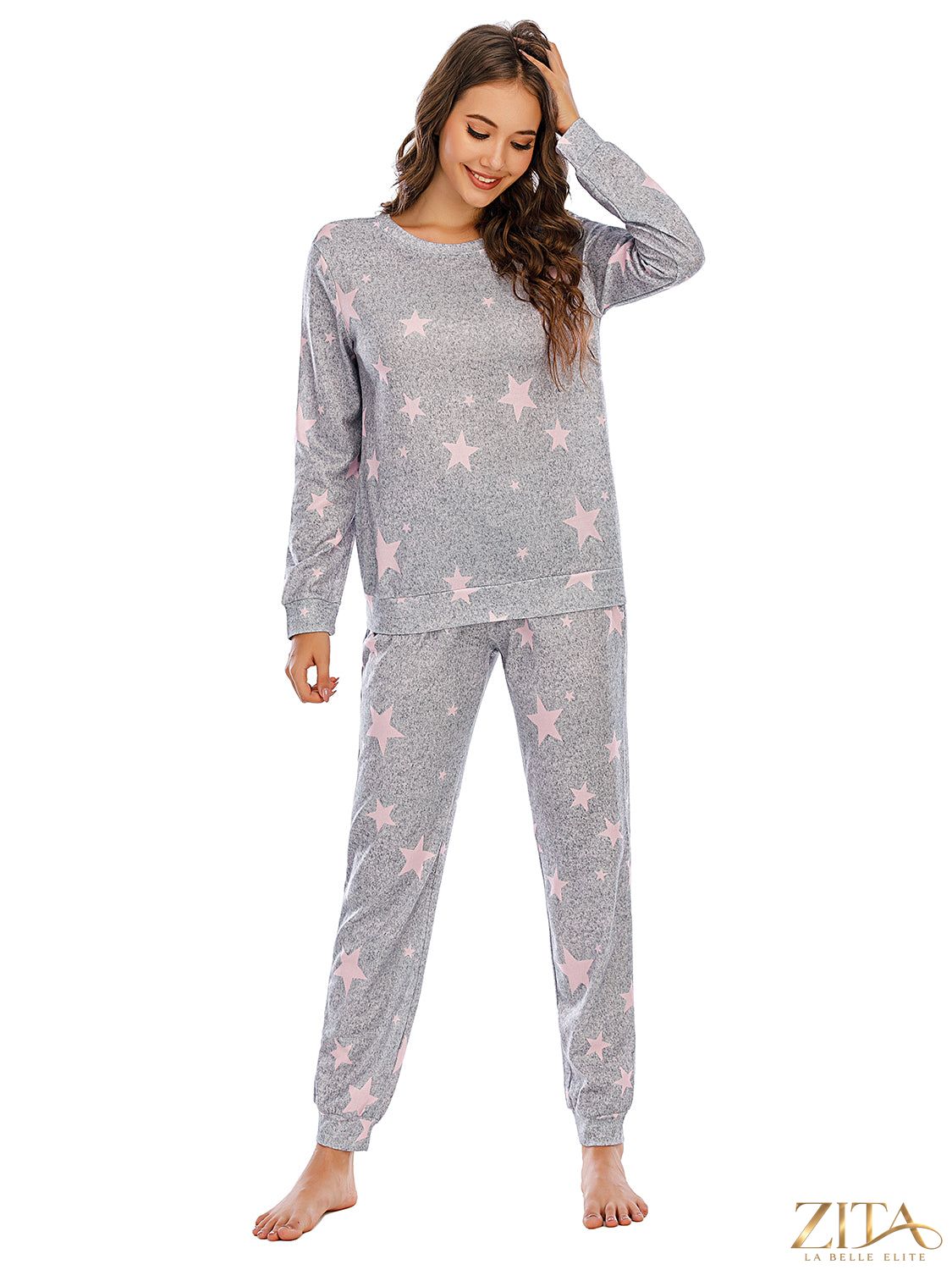 Zita La Belle Elite star printed lounge set featuring a cozy top and matching pants, perfect for relaxed casual wear.