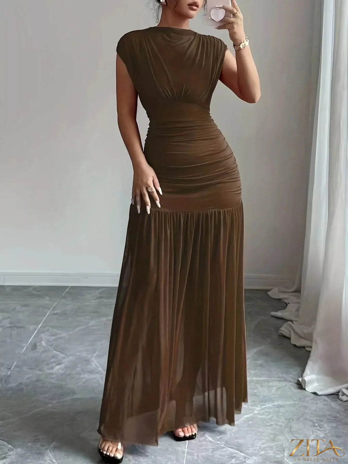 Zita La Belle Elite ruched bodycon maxi dress in black, featuring a fitted silhouette and elegant design.