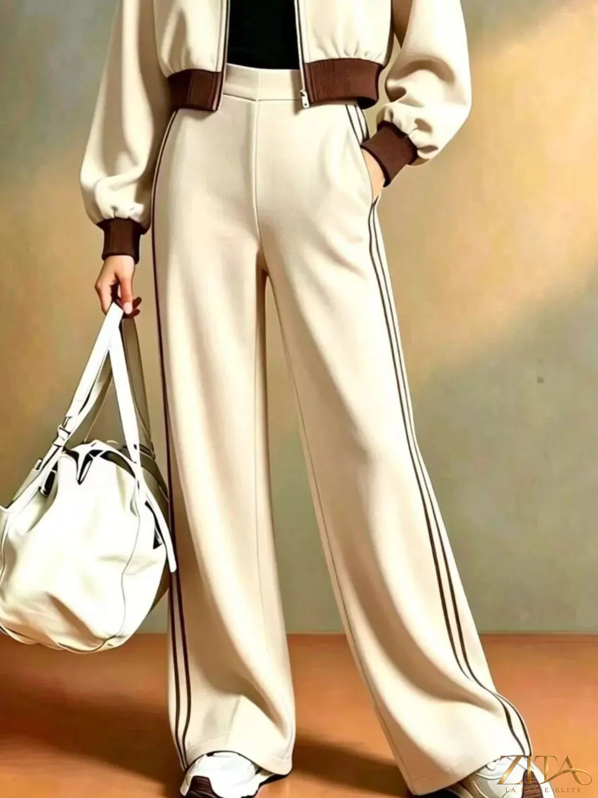 Contrast ribbed jacket and wide-leg pants tracksuit set by Zita La Belle Elite, featuring a stylish, coordinated athleticwear look.