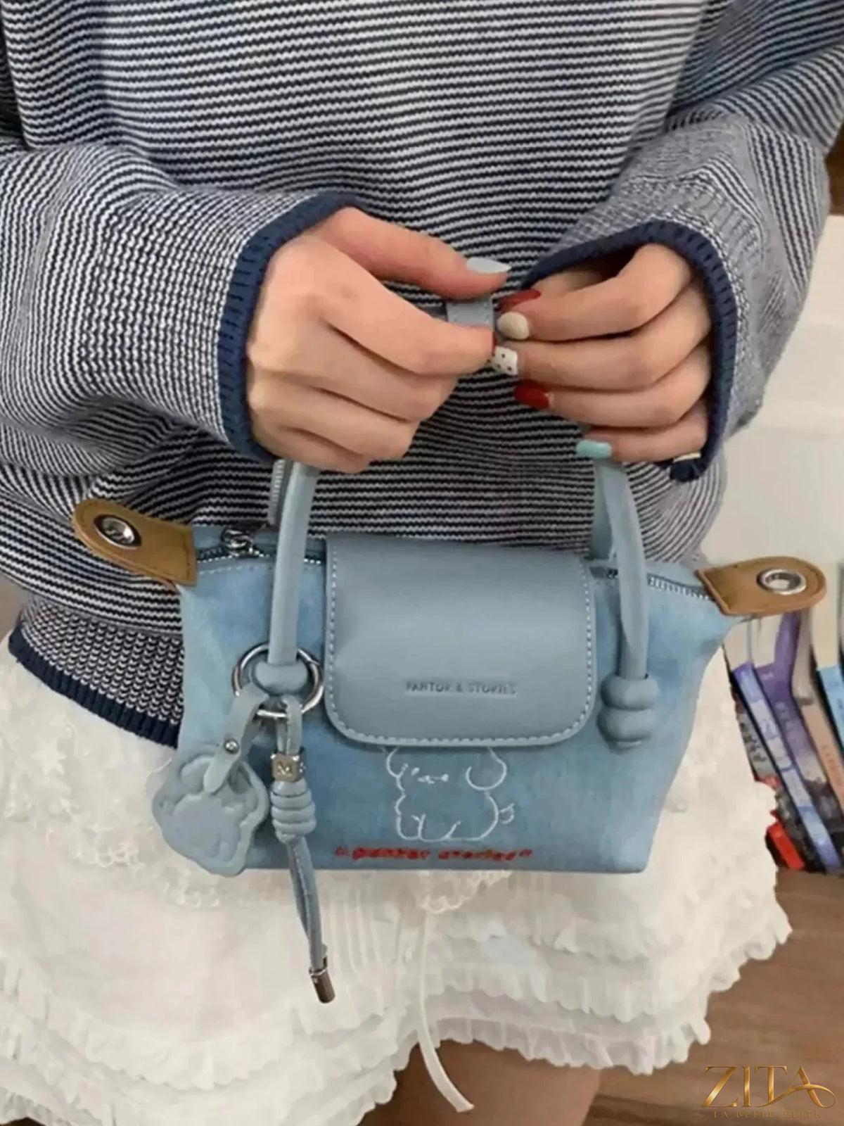 Denim handbag with embroidered puppy design by Zita La Belle Elite, featuring a stylish and playful accessory for casual outfits.