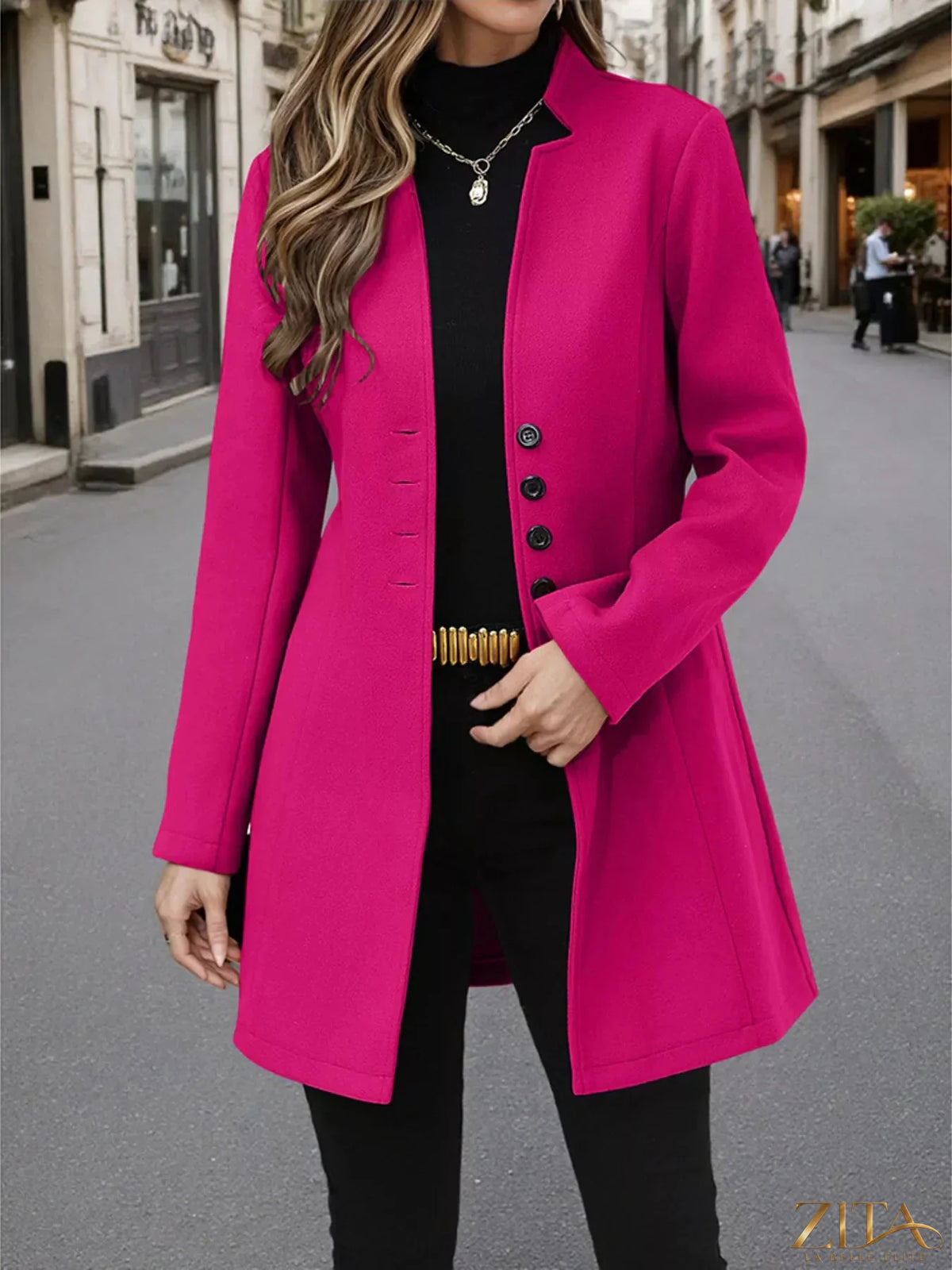 Zita La Belle Elite button-up long sleeve coat in a stylish fabric, shown on a hanger.
