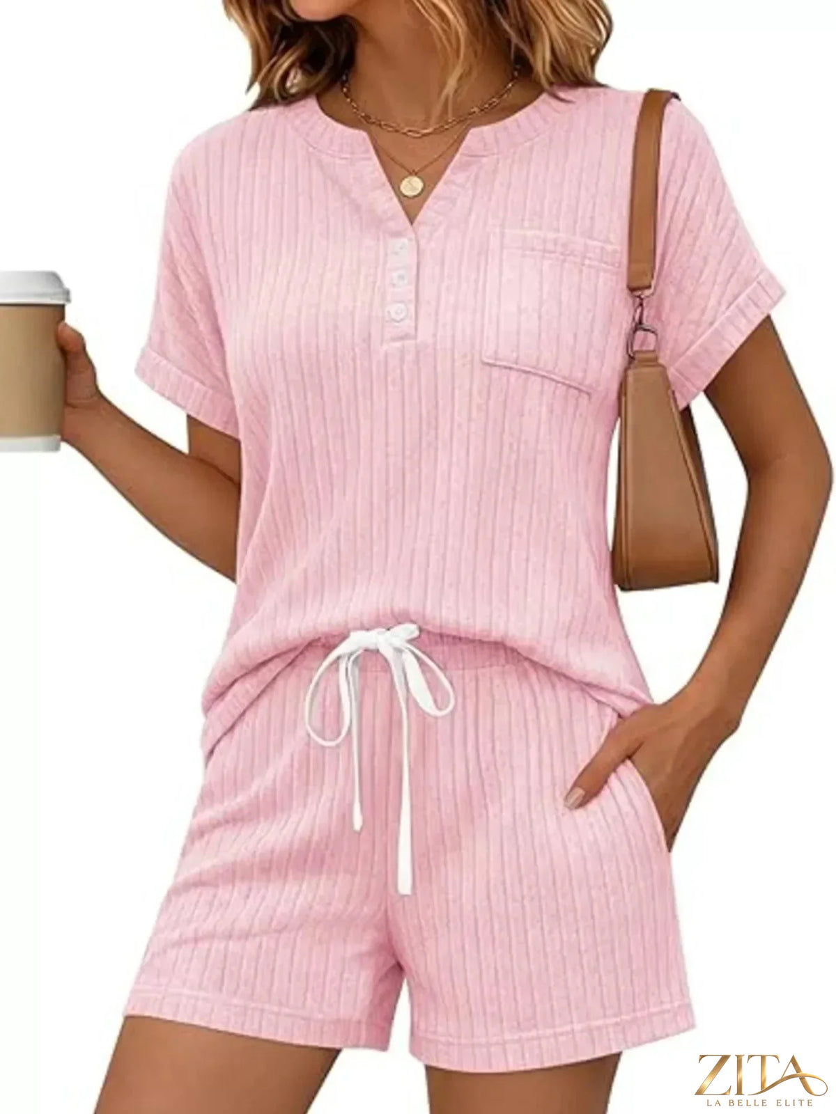 Casual ribbed knit tee and shorts set by Trendsi, featuring a comfortable, stylish matching outfit in soft fabric.