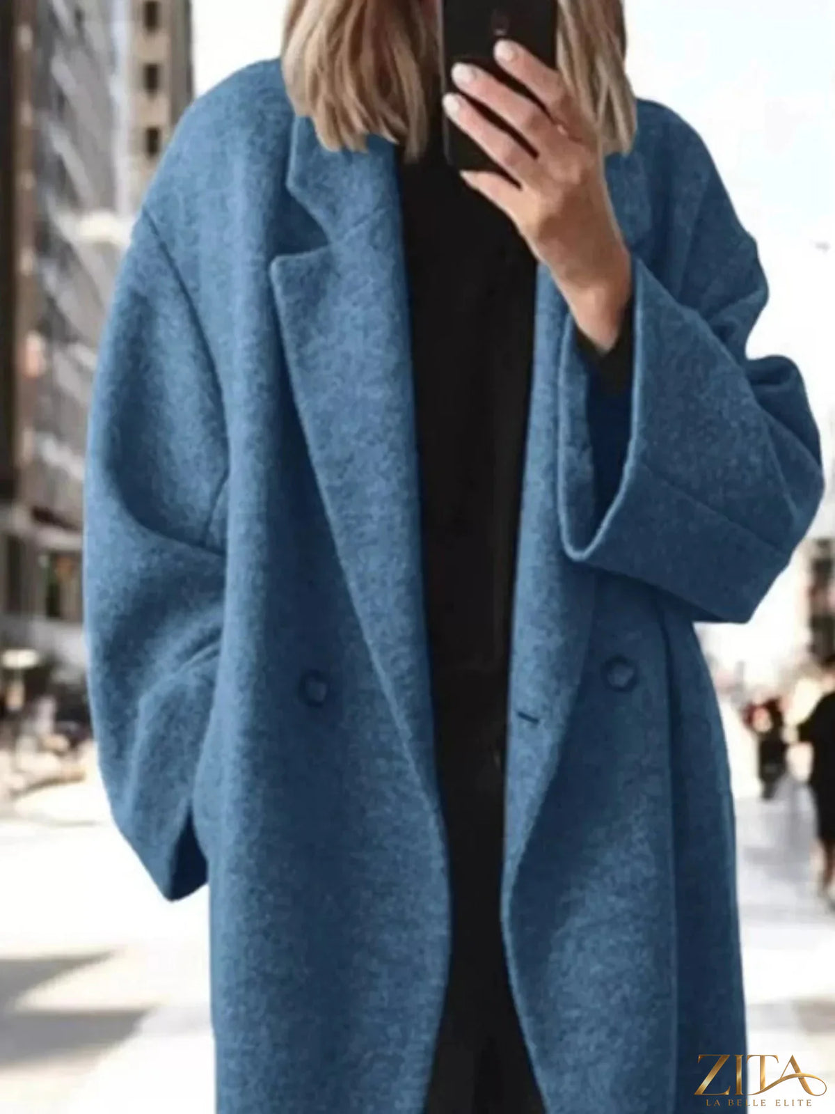 Plus size Zita La Belle Elite wool blend longline coat with lapel collar, full size, stylish and warm outerwear for cold weather.