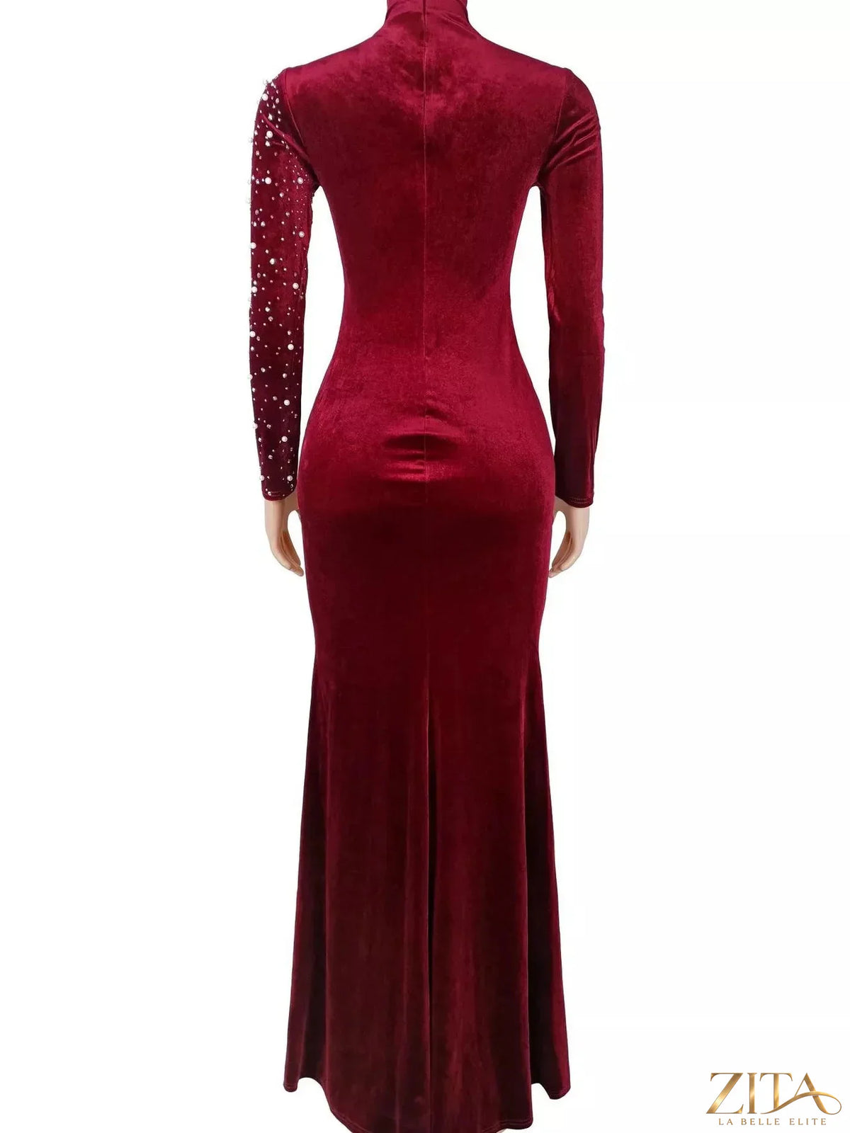 Rhinestone embellished velvet mermaid evening maxi dress by Zita La Belle Elite, featuring a fitted silhouette and luxurious fabric.