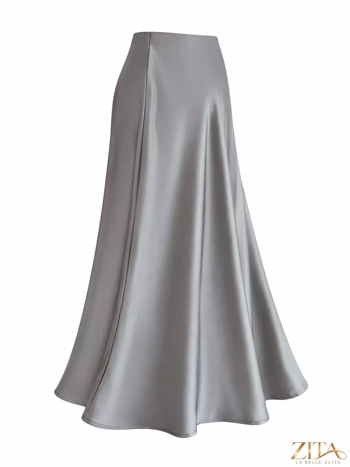 Plus size high-waisted satin midi skirt by Trendsi, showcasing smooth, shiny fabric and elegant fit.