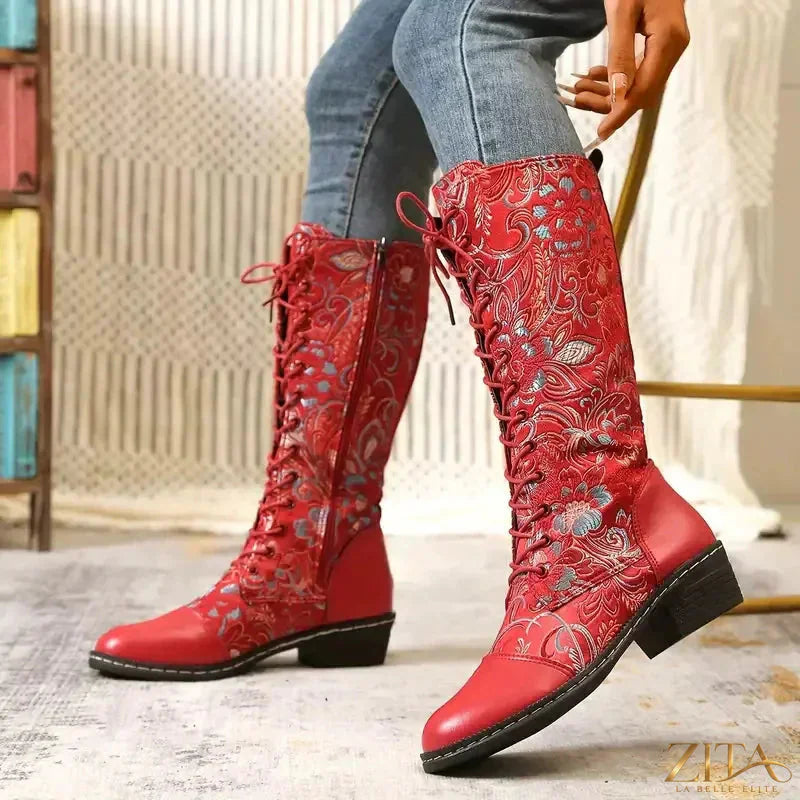 Zita La Belle Elite embroidered lace-up knee-high boots with intricate design and stylish silhouette, perfect for fashion-forward outfits.
