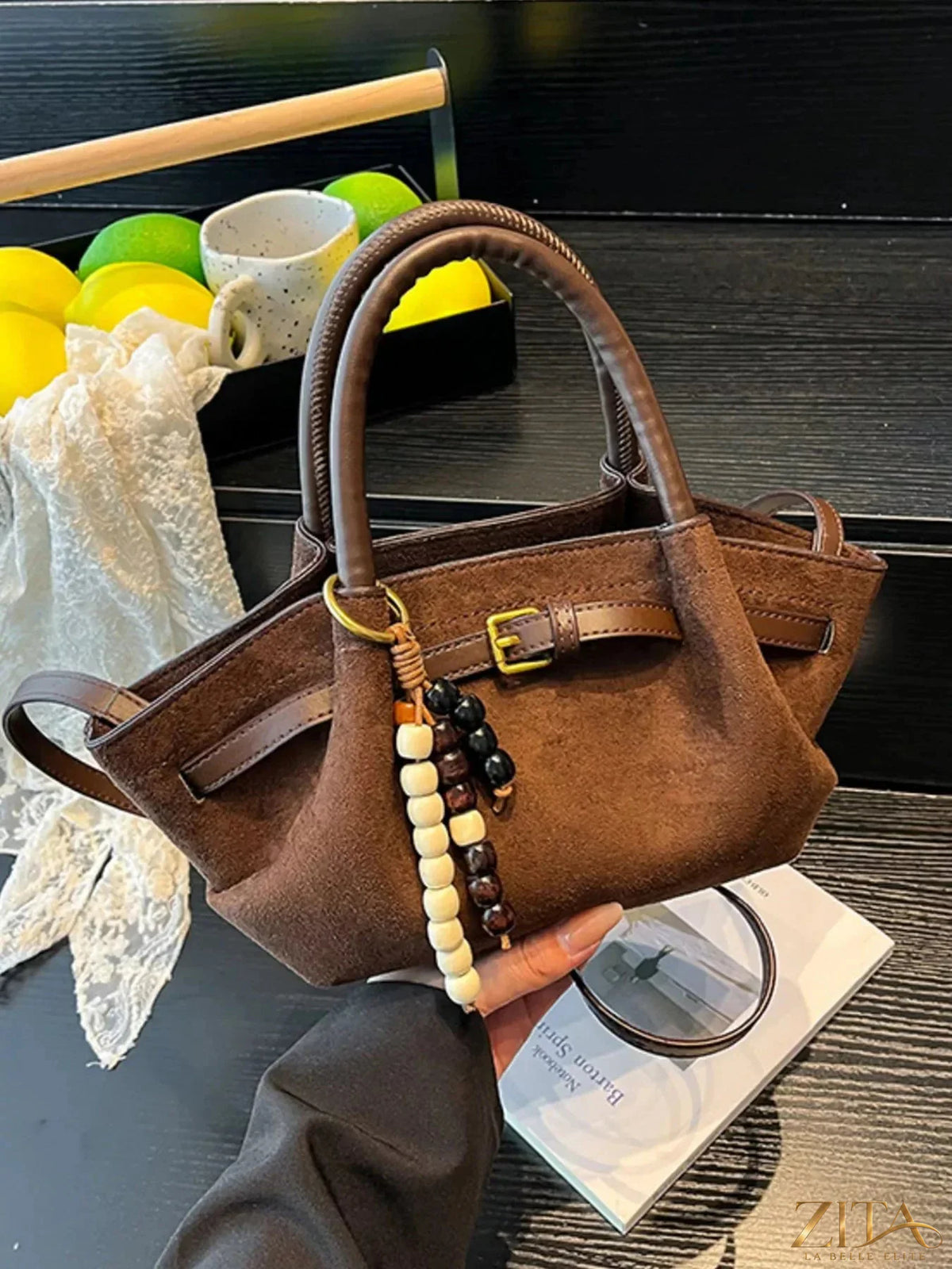 Zita La Belle Elite Buckle Decor Tote Bag featuring brown leather straps and spacious fabric body with stylish buckle accents