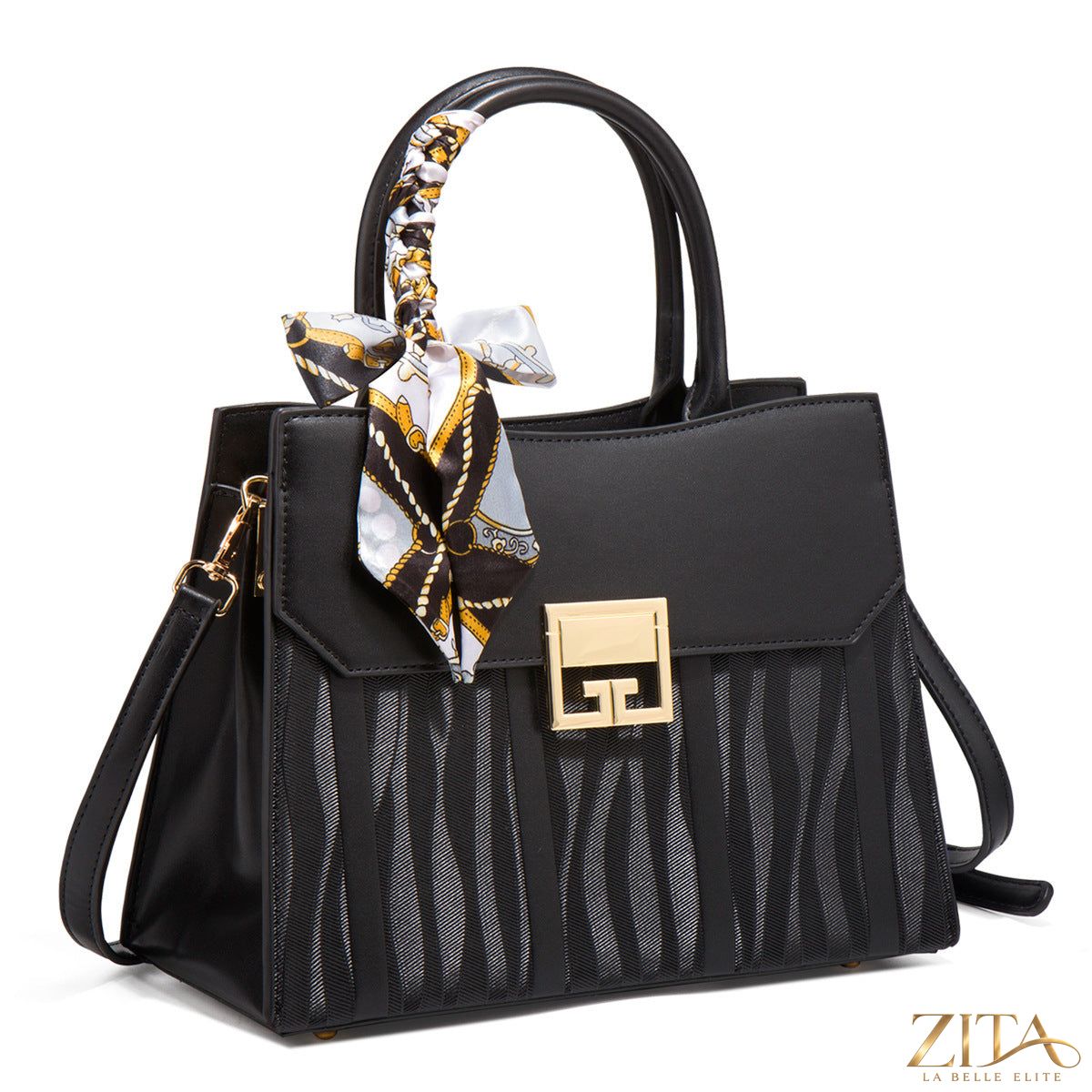 Zita La Belle Elite leather handbag with scarf decor, featuring a stylish design and textured leather surface.