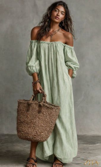 Women's off-shoulder long-sleeve maxi dress by Zita La Belle Elite, flowing casualwear with a fitted bodice and elegant design.