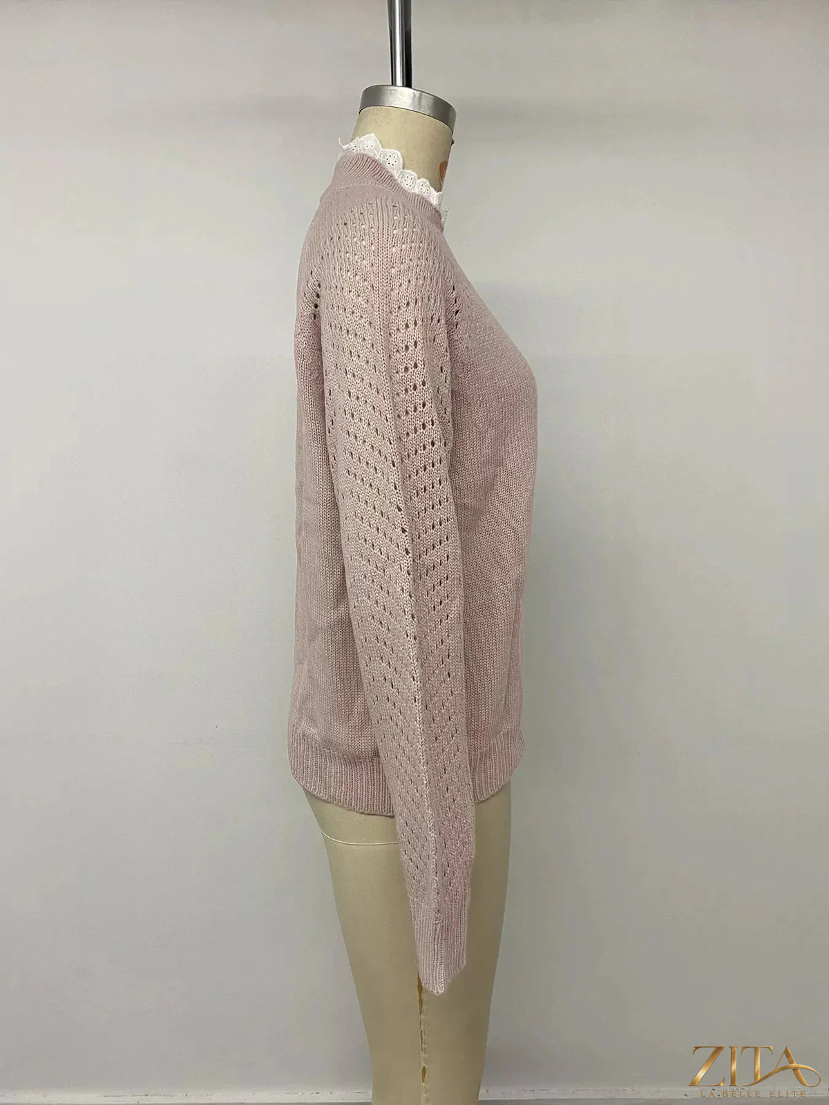 Zita La Belle Elite openwork mock neck sweater in soft knit with intricate open pattern and fitted style.