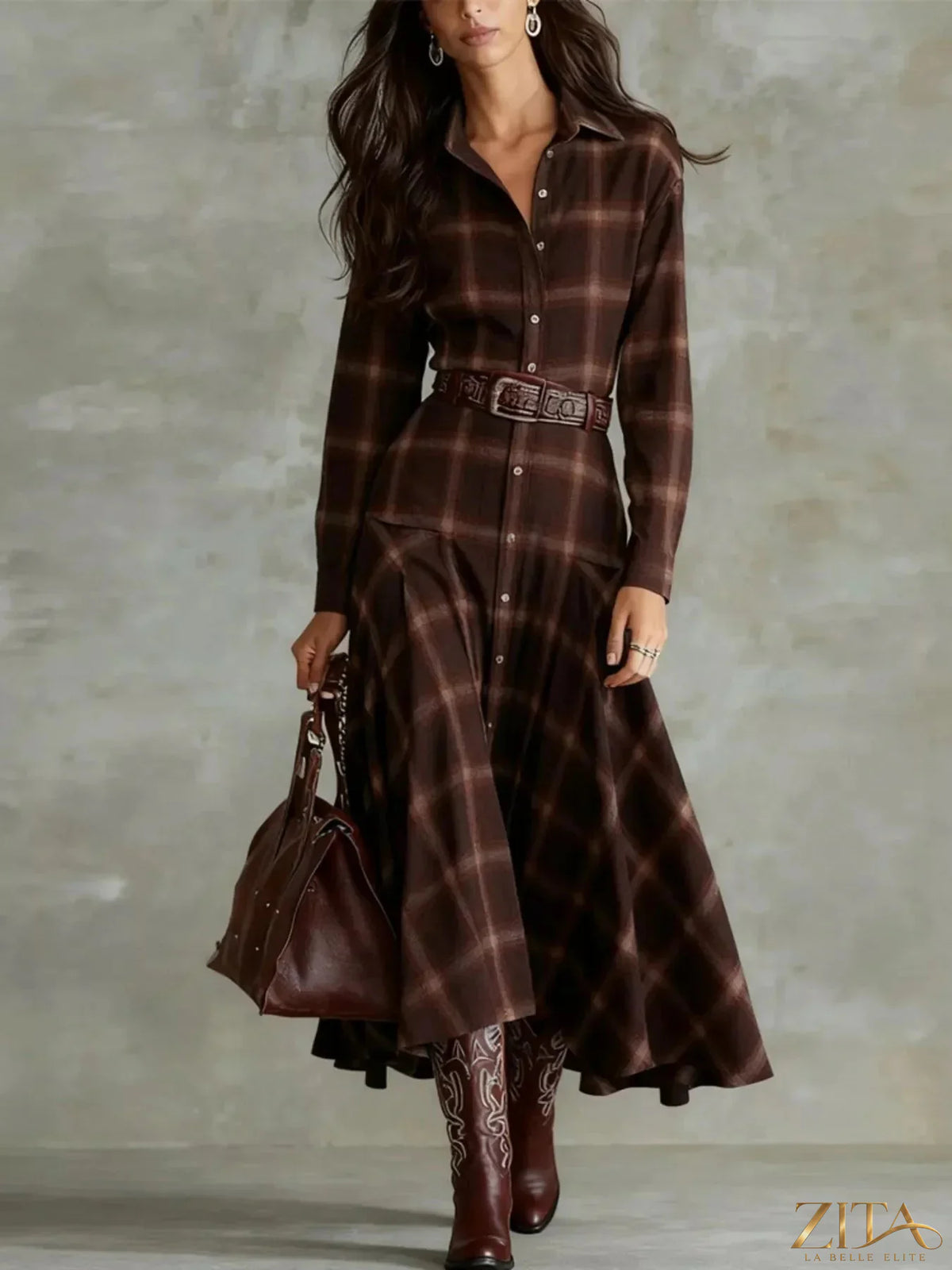 Zita La Belle Elite plaid button-down shirt dress with long sleeves and collar, featuring a classic checkered pattern.