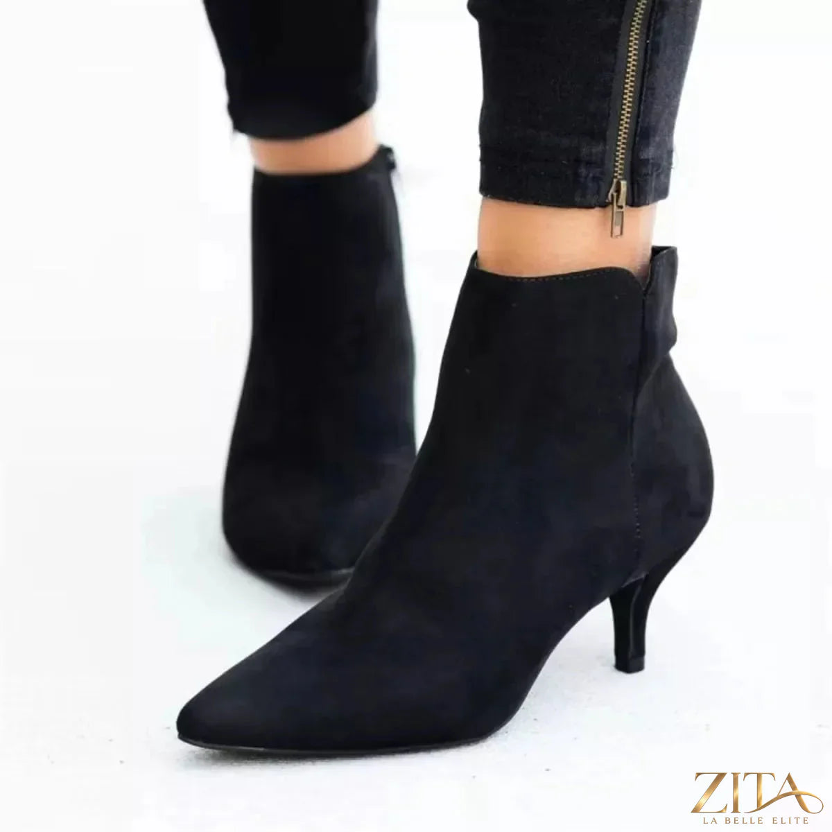 Zita La Belle Elite point toe kitten heels boots with sleek black leather, slim heel, and elegant design for stylish wear.