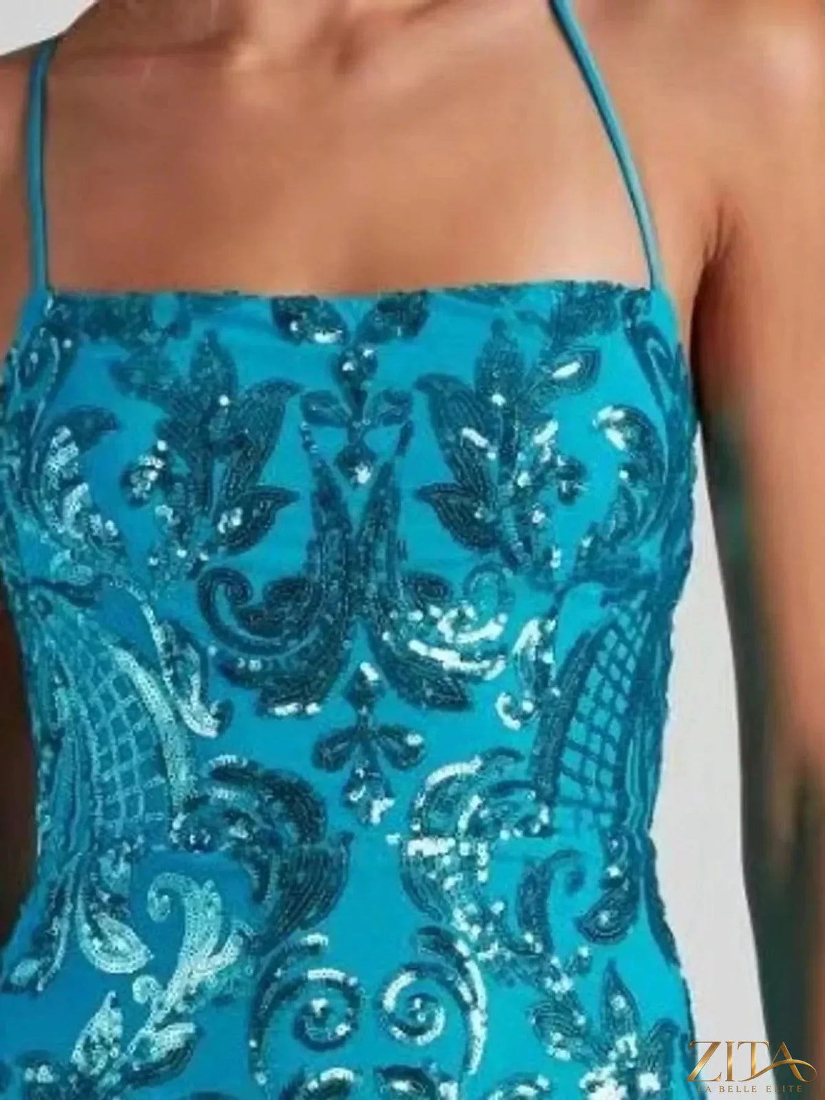 Sequin embellished backless bodycon evening dress with lace-up back from Zita La Belle Elite, showcasing a fitted silhouette and elegant design.