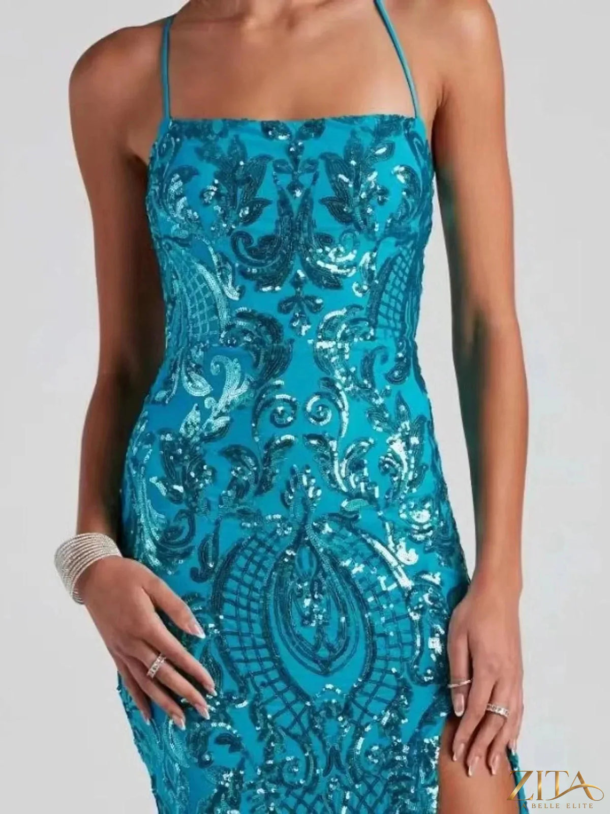 Sequin embellished black bodycon backless evening dress with lace-up back by Zita La Belle Elite.