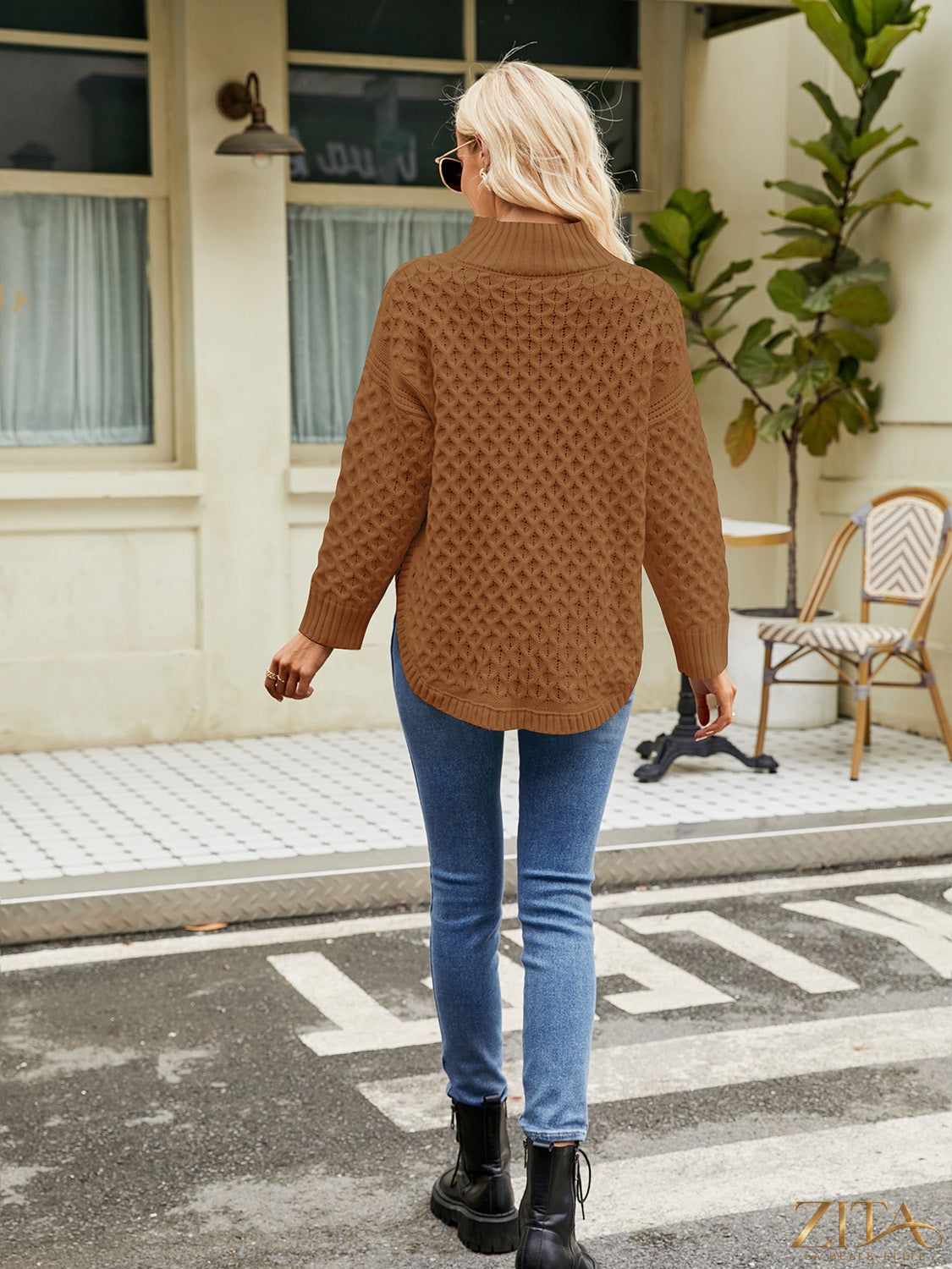 Zita La Belle Elite mock neck slit sweater in soft knit with a high neckline and side slit, displayed on a neutral background.