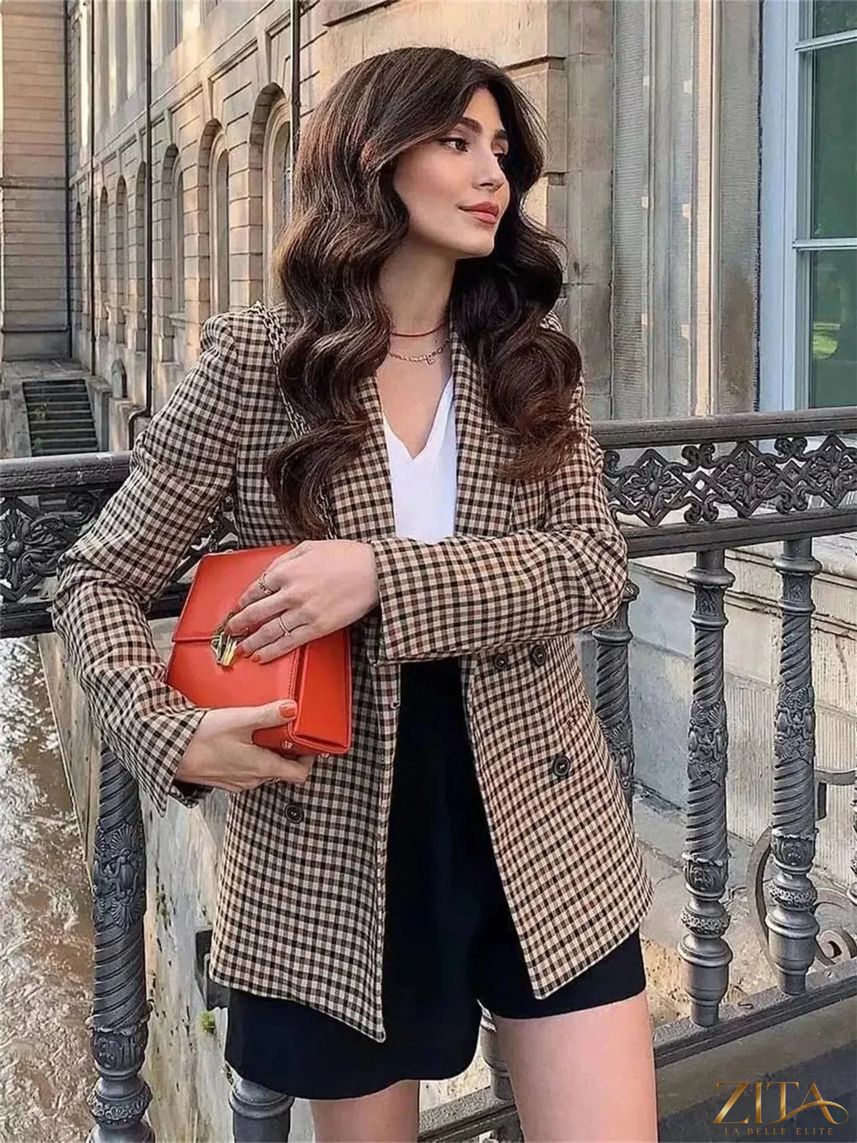 Zita La Belle Elite plaid blazer with lapel collar, long sleeves, tailored fit, stylish for professional or casual wear