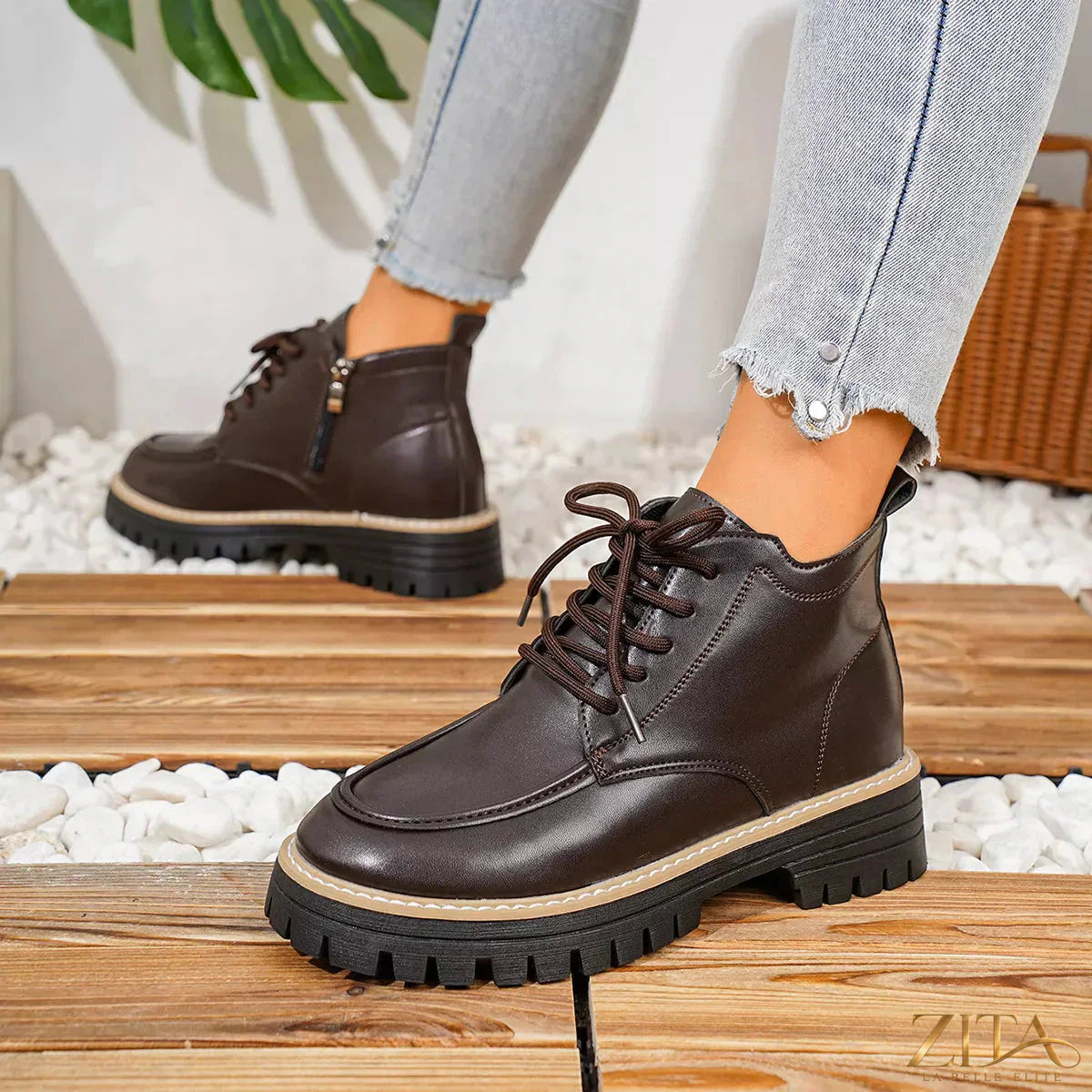 Zita La Belle Elite chunky lace-up combat boots with rugged soles and leather upper, stylish footwear for edgy fashion.