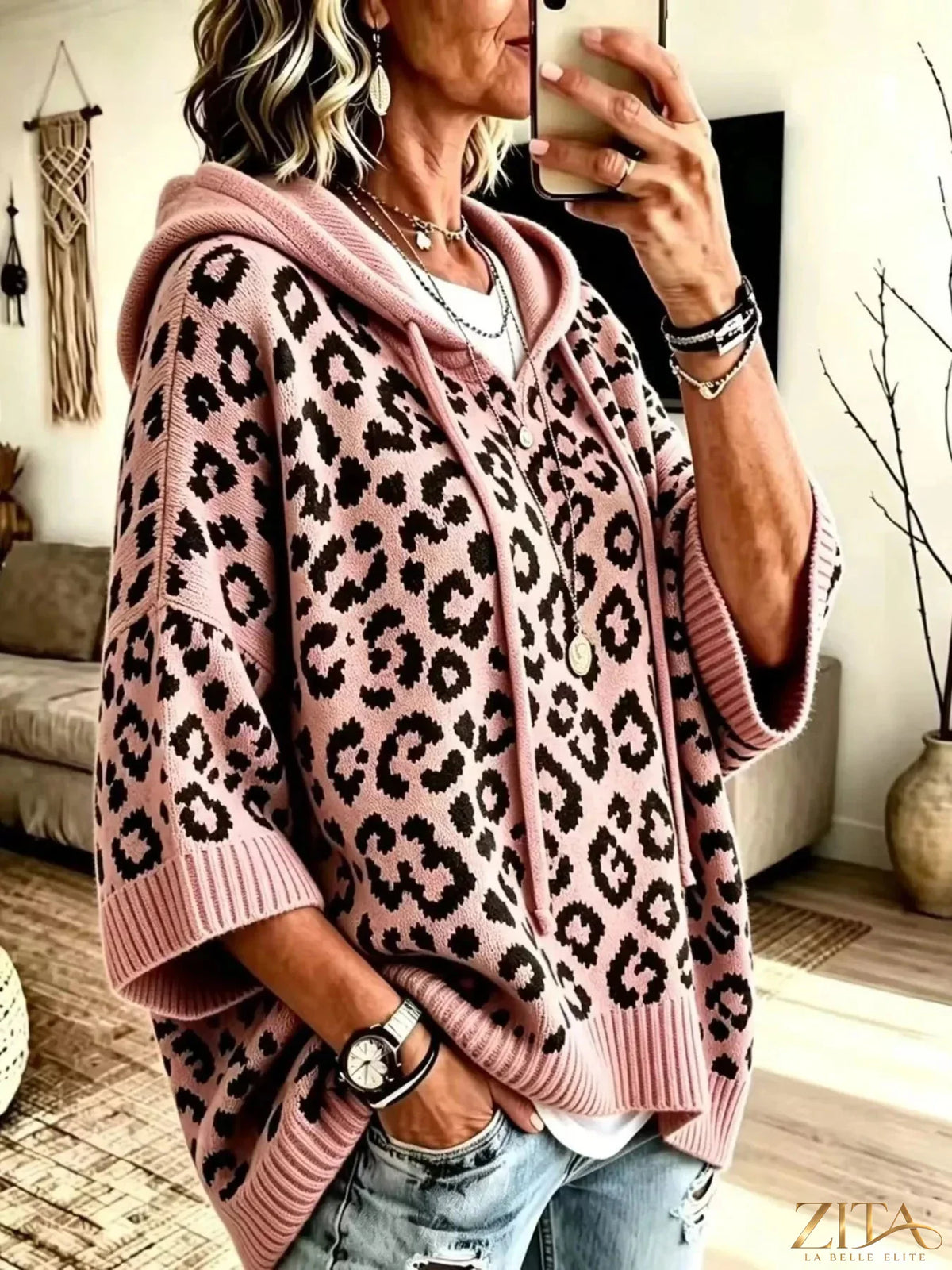 Zita La Belle Elite leopard print drawstring hooded sweater with front pocket and ribbed cuffs, casual and stylish for women.