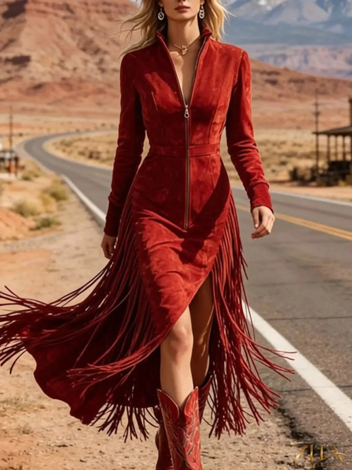 Max Origin fringe zip-front midi dress by Trendsi, featuring a stylish fringe design and front zipper, perfect for a trendy look.