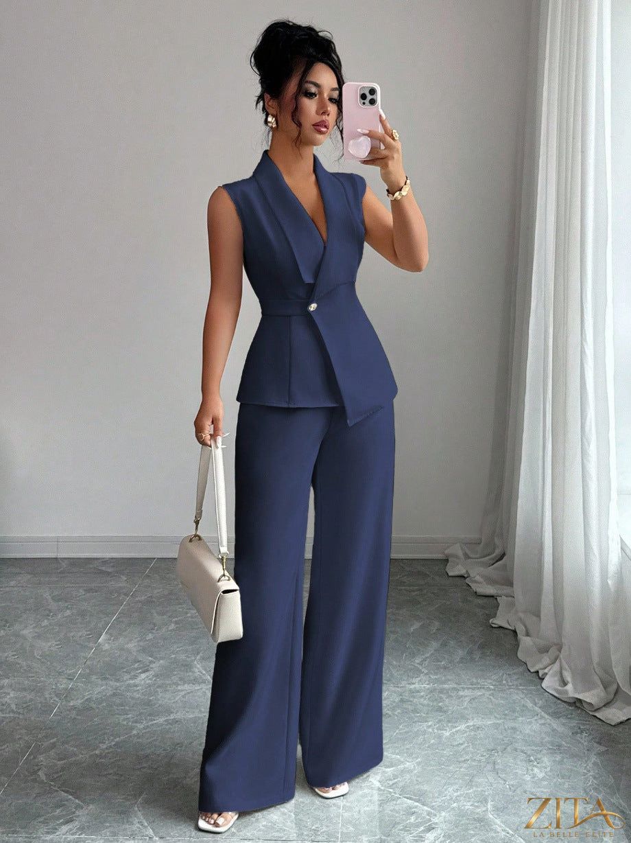 Zita La Belle Elite women's sleeveless peplum blazer and wide-leg pants two-piece set, stylish and tailored for a modern look.