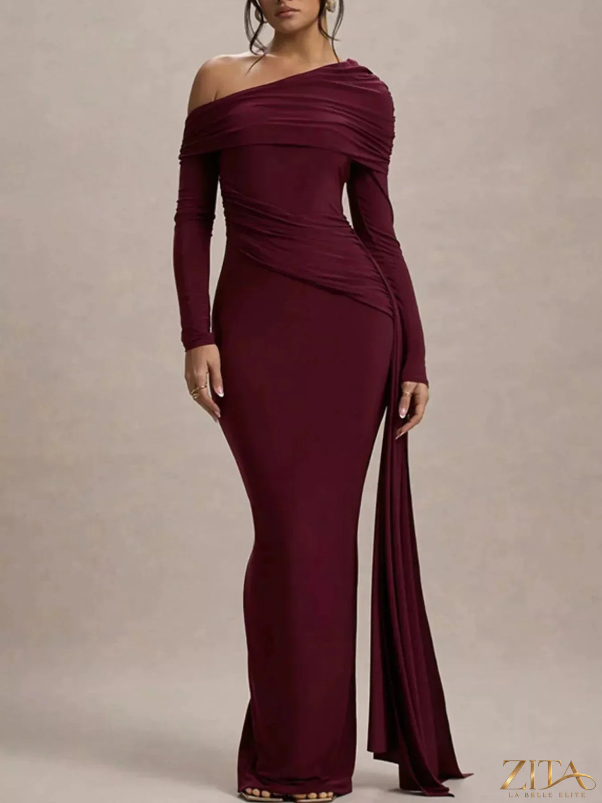 Zita La Belle Elite one-shoulder ruched maxi dress in elegant fabric, showcasing a flowing silhouette and stylish design.