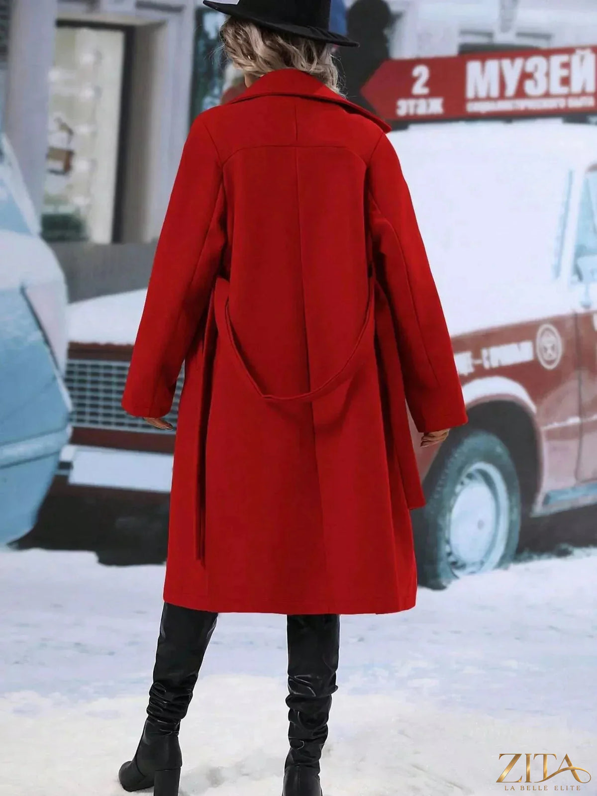 Zita La Belle Elite double-breasted overcoat with lapel collar, showcasing a stylish and elegant outerwear design.
