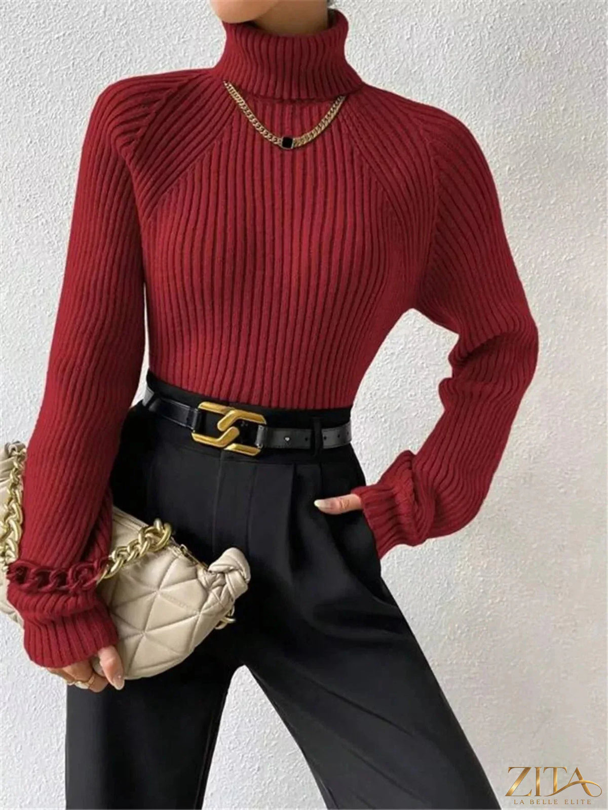 Zita La Belle Elite ribbed knit turtleneck sweater in soft fabric, showcasing its close-fitting design and cozy texture.