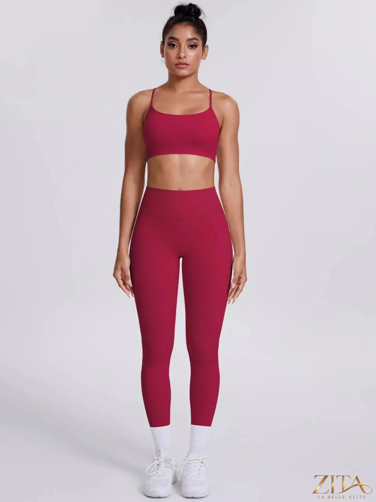 Zita La Belle Elite criss-cross back cami and matching leggings active set, black, form-fitting workout outfit.