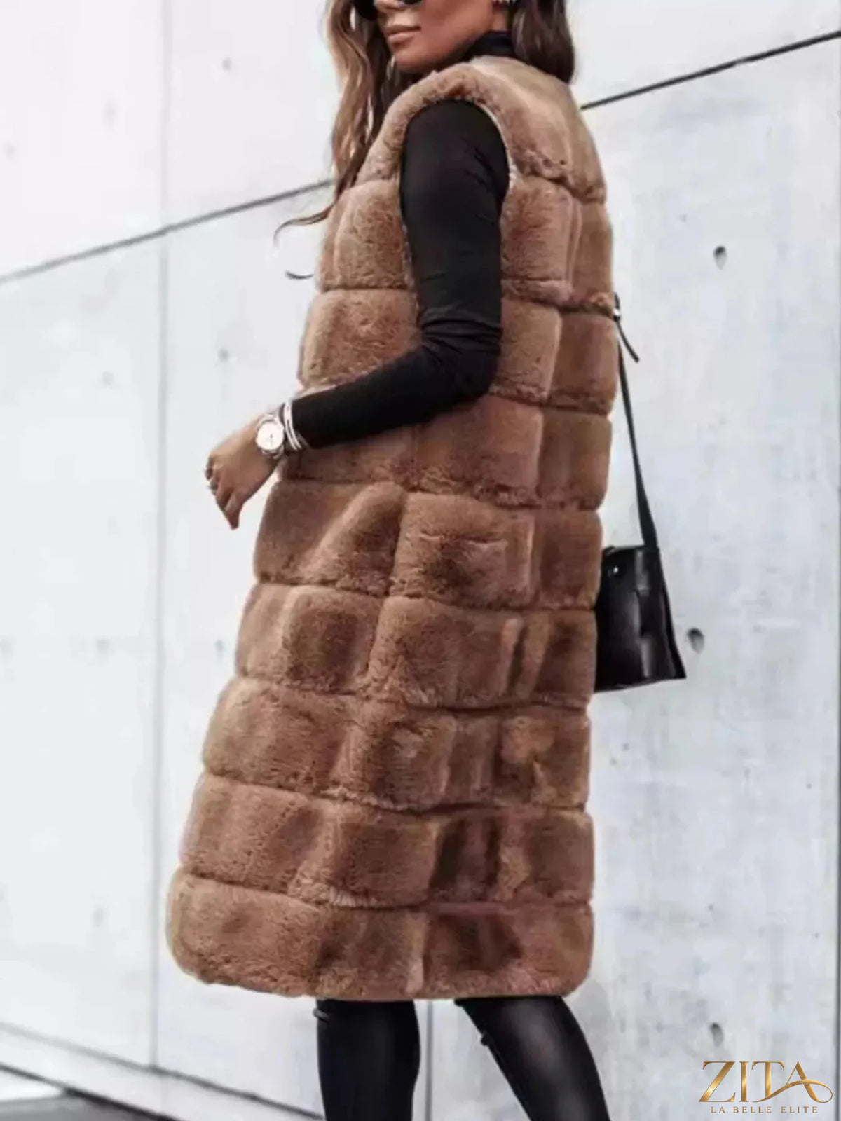Zita La Belle Elite faux fur longline vest coat with plush texture and open front, stylish winter outerwear for women.
