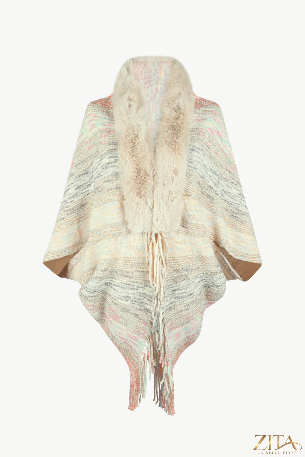 Open front fringe hem poncho from Trendsi, featuring a flowing design with fringe details and a relaxed fit.