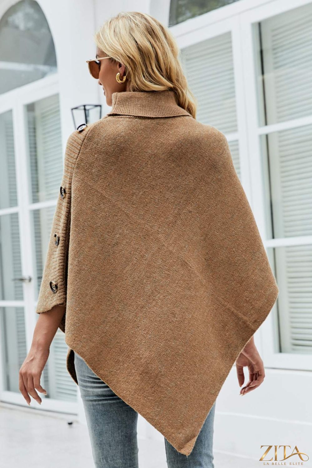 Zita La Belle Elite turtleneck buttoned poncho in cozy knit fabric, featuring a classic turtleneck and button details.