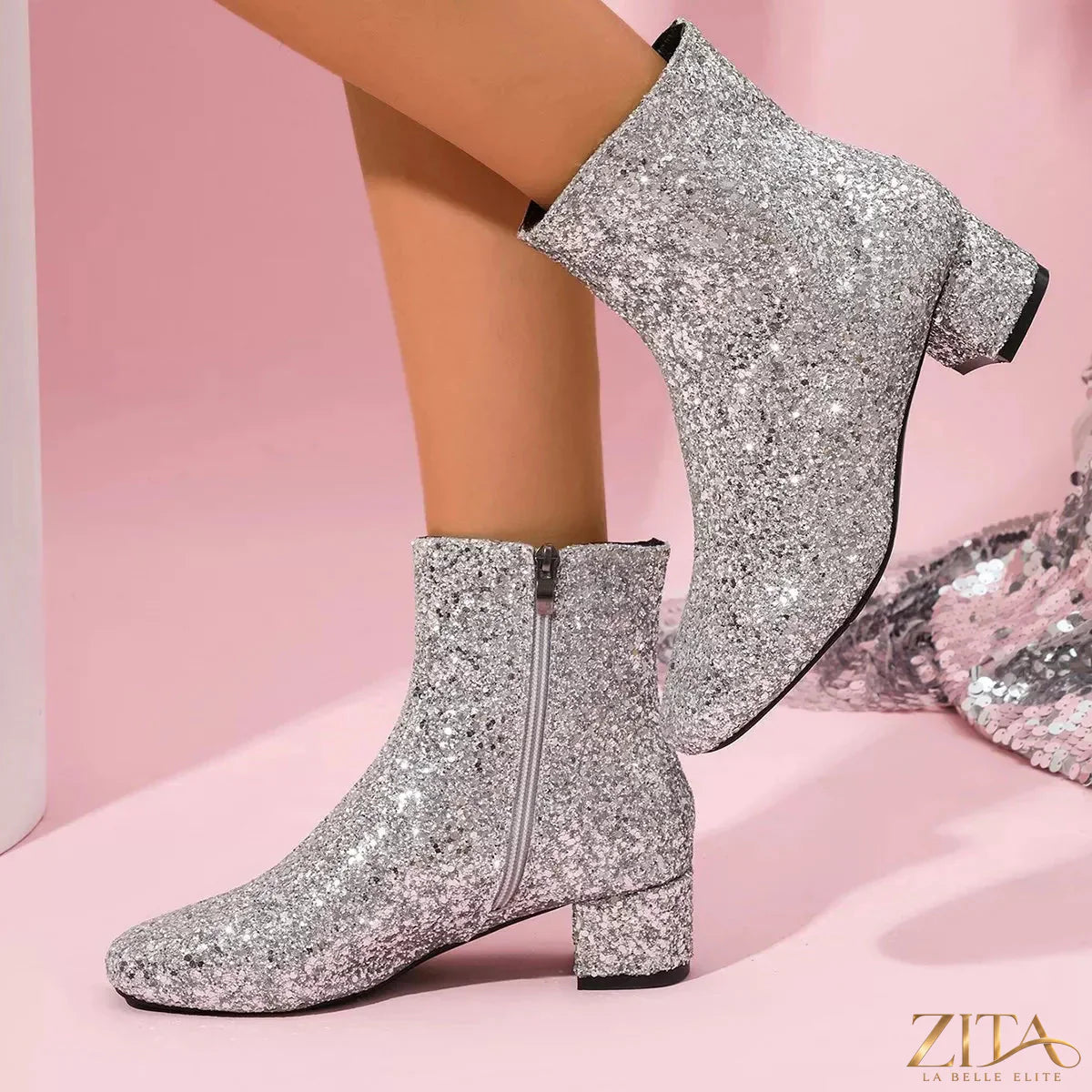 Zita La Belle Elite sequin round toe block heel boots showing shiny sequins and stylish design.