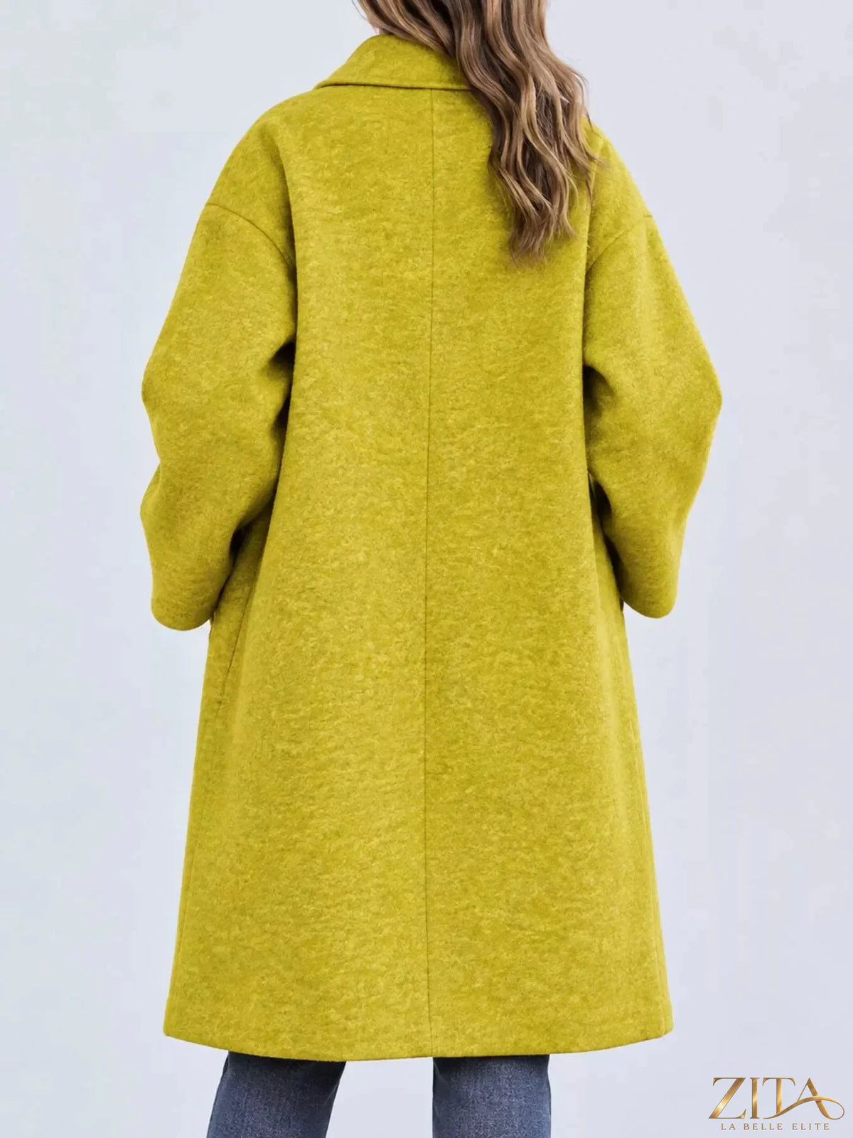 Plus size Zita La Belle Elite full size lapel collar coat with one button closure, shown in a versatile style.