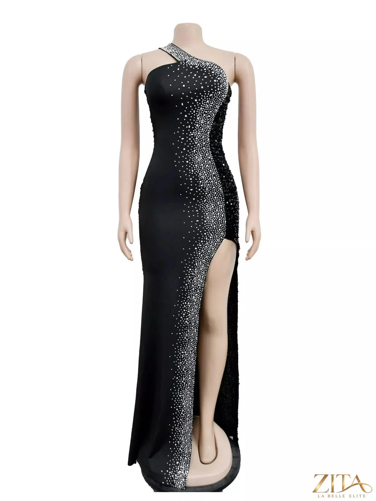 Zita La Belle Elite rhinestone one-shoulder high-slit maxi dress with elegant design and sparkling embellishments.