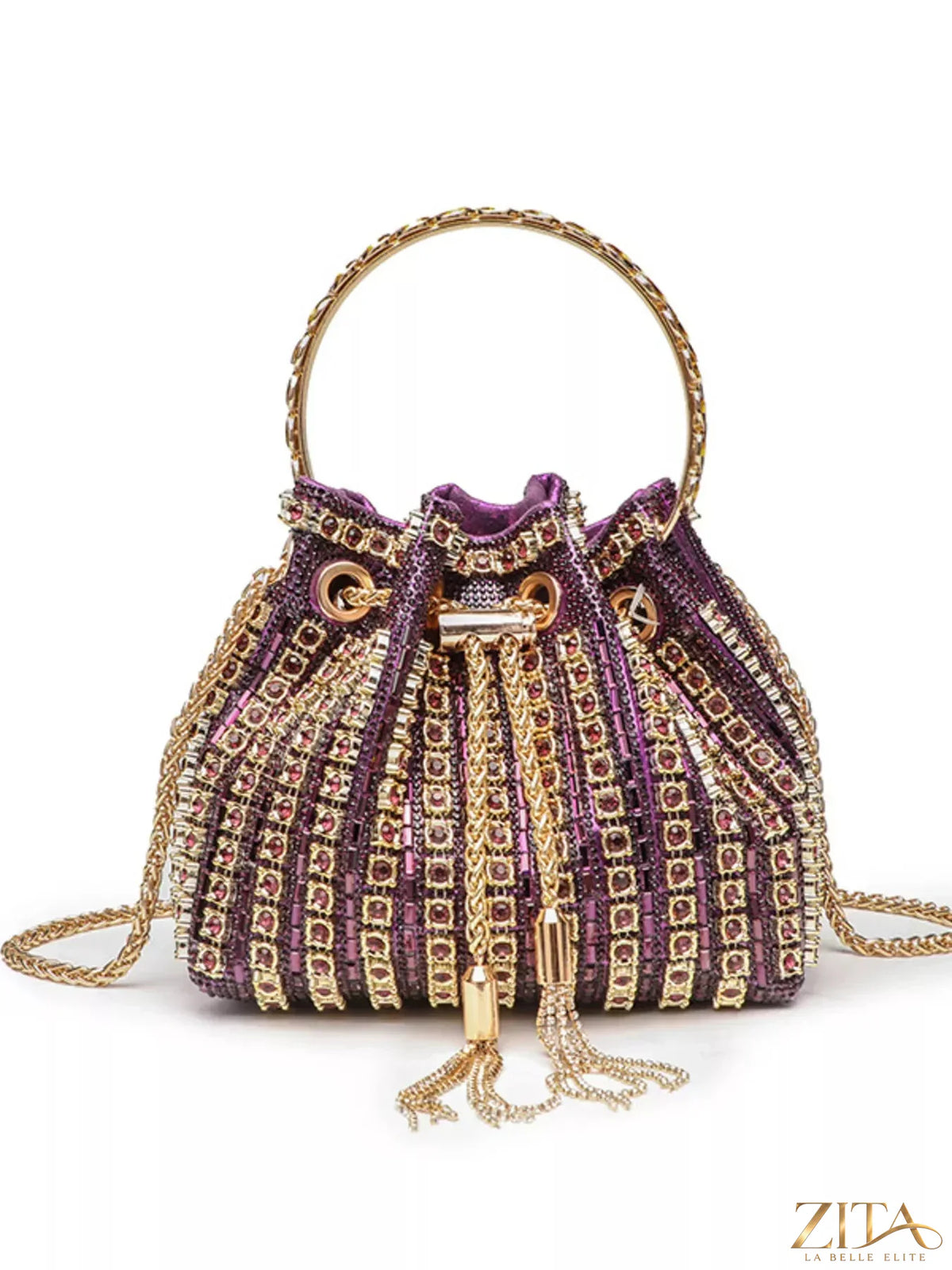 Zita La Belle Elite holiday party rhinestone embellished bucket crossbody handbag with sparkling details and a stylish design
