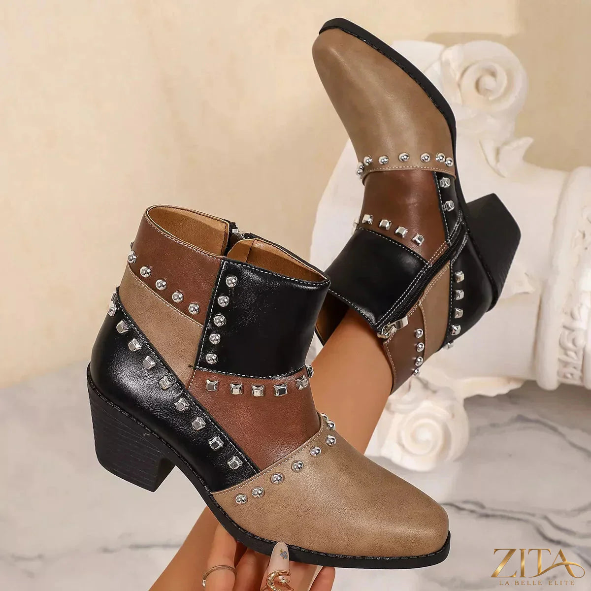 Zita La Belle Elite point toe block heel boots featuring sleek design and stylish silhouette in black leather.