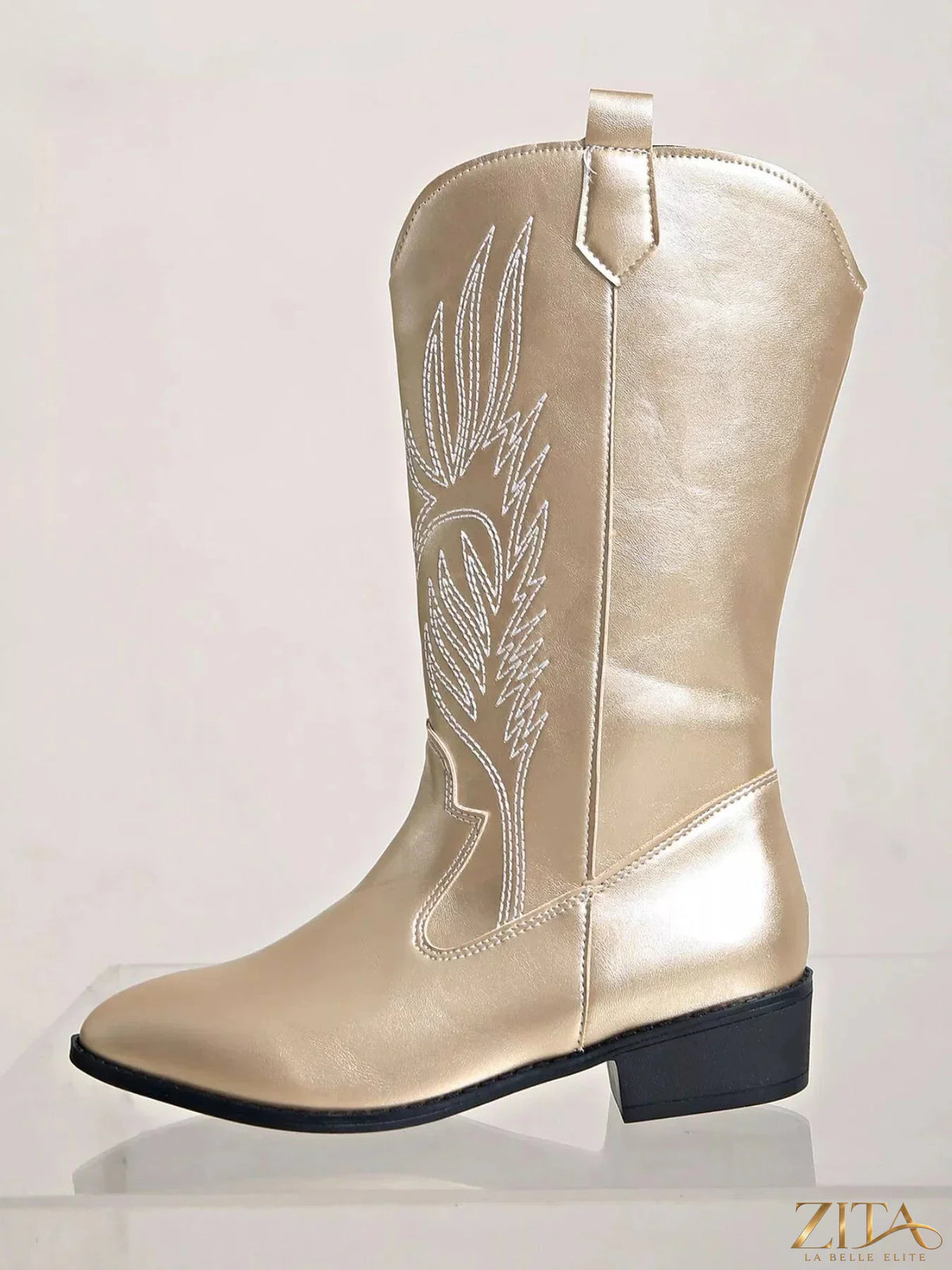 Embroidered black block heels boots by Zita La Belle Elite with intricate floral embroidery and chunky heel, stylish and elegant footwear.