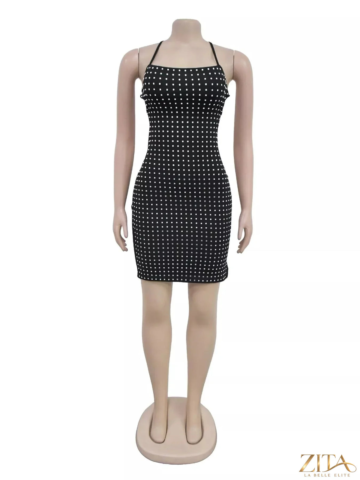 Rhinestone embellished black bodycon mini dress by Trendsi featuring sparkling rhinestones and a fitted silhouette.