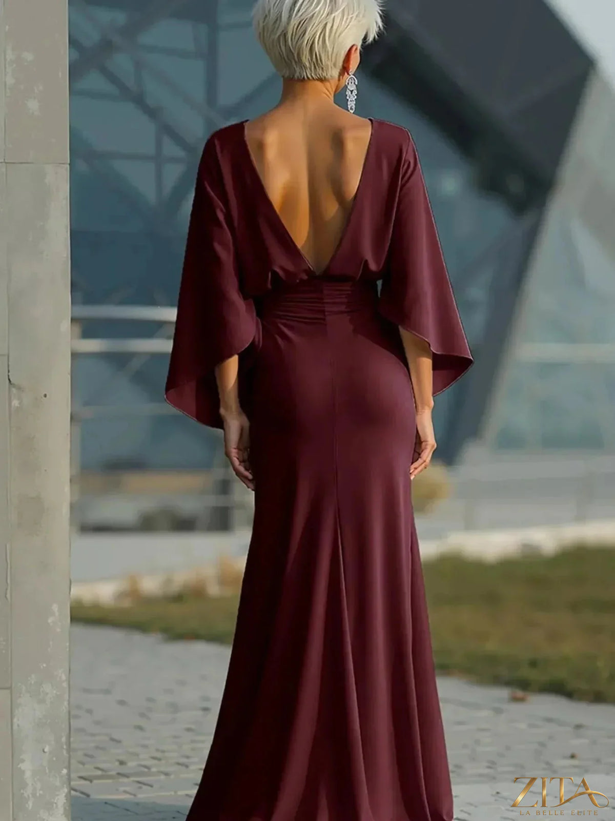 Zita La Belle Elite batwing sleeve ruched maxi dress in flowing fabric, featuring elegant ruching details and a stylish silhouette.