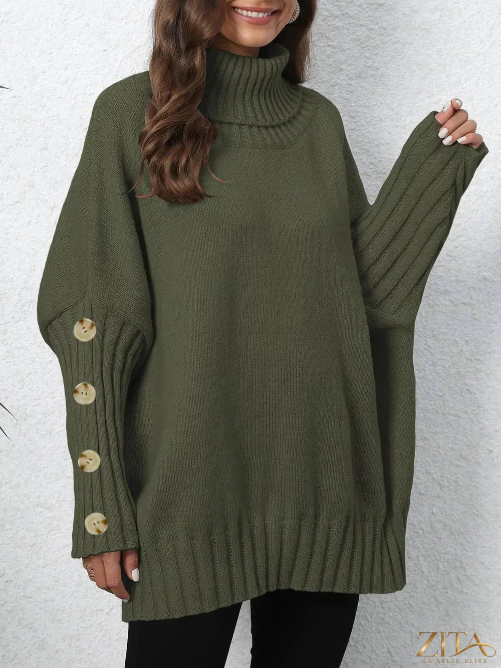 Gray turtleneck long sleeve sweater by Trendsi, featuring a close-up of the soft knit fabric and fitted design.
